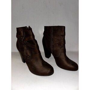Just Fab Brianne Faux‎ Leather Chunky Heel Ankle Brown Bootie Women 11M Pull On